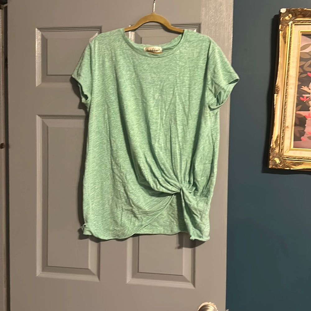 Heather Green T-shirt with tie detail. Size Large. Sketchbook
